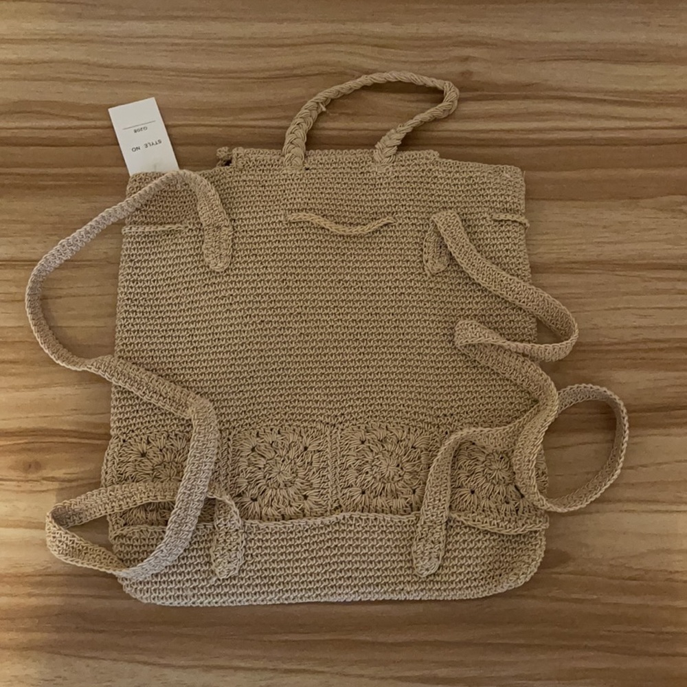 Knit Drawstring Beige Woven Backpack - image 3